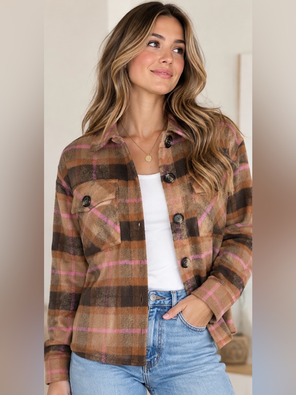 BB Dakota Steve Madden Boxy Shacket Cashew Plaid